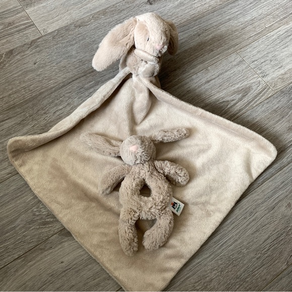 Jellycat Bashful Bunny Lovey Security Blanket AND Bunny Rattle: 2 Beige Plushies - Picture 3 of 7